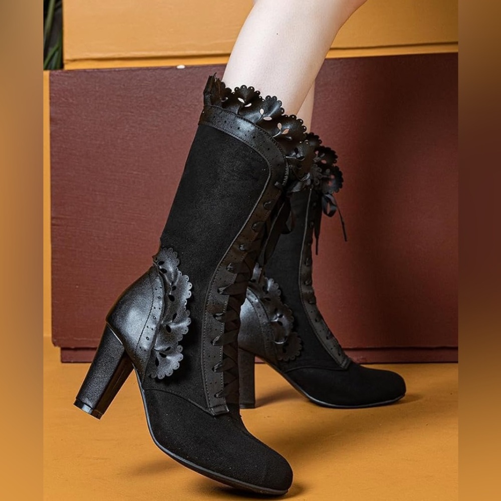 Victorian Boots Lace Up Renaissance Goth Vintage Ruffles  Mid Heels Granny - Picture 3 of 13